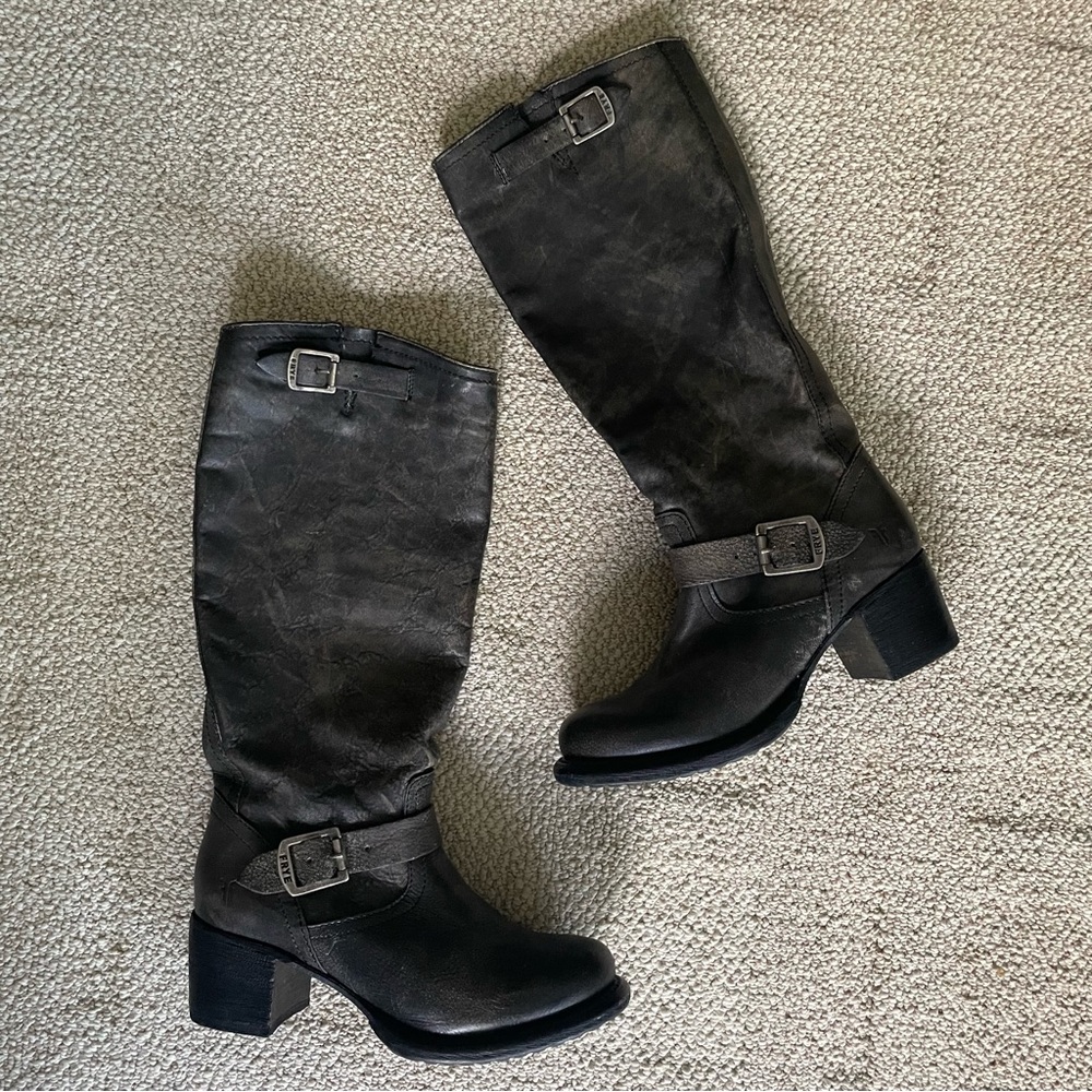 Frye Vera Slouch Tall Boot Distressed Genuine Leather Buckles Women’s US sz 8.5